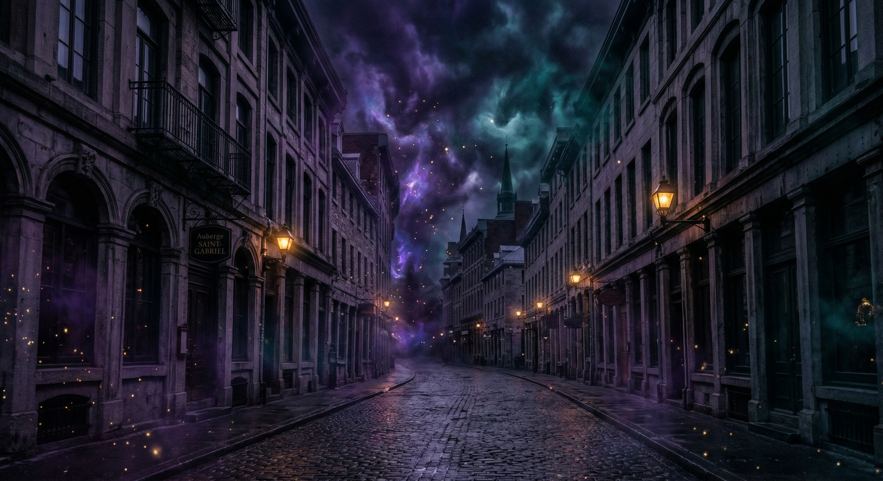 Atmospheric Montréal street at night — gothic architecture under a purple and teal nebula sky